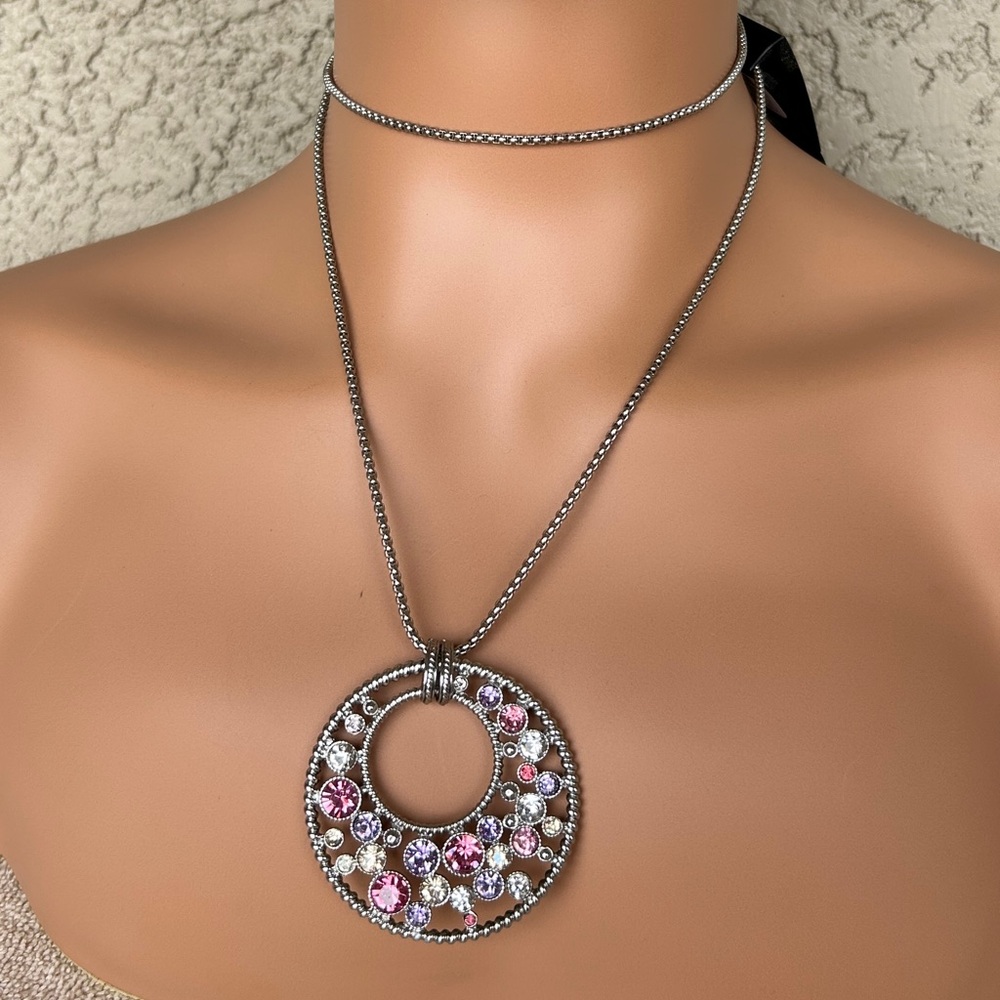 Modern Silver and Pink/Purple Sparkle Medallion Pendant Necklace